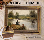 Vintage Gold Framed Wall Art Boy Fishing Country Oil Painting Canvas Prints - Image 3