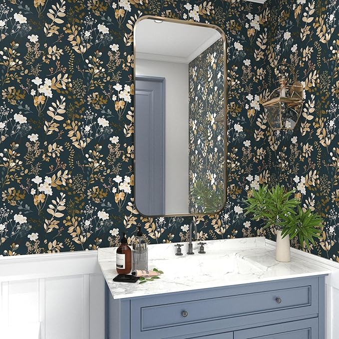 Laatse Navy Floral Wallpaper Peel and Stick Boho Wallpaper Vintage Blue/Gold - Image 6