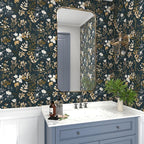 Laatse Navy Floral Wallpaper Peel and Stick Boho Wallpaper Vintage Blue/Gold - Image 6