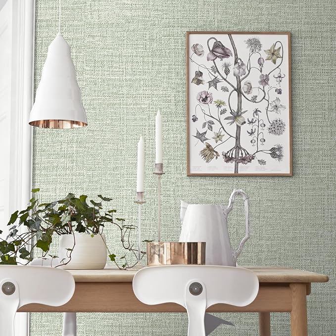 Green Grasscloth Peel and Stick Wallpaper 17.3"x480" Faux Linen Textured - Image 4
