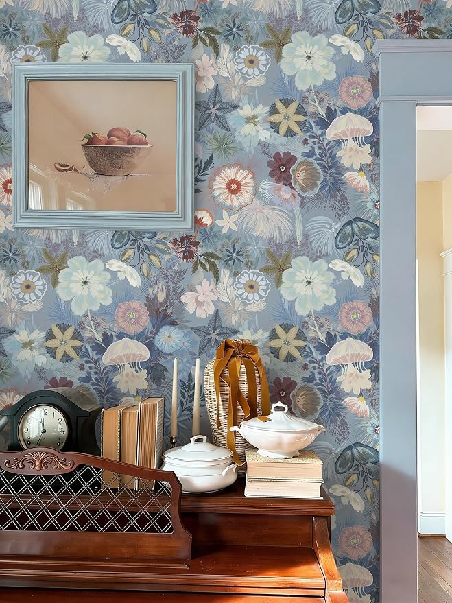 Ismoon Floral Peel and Stick Wallpaper Vintage Blue Contact Paper Jellyfish - Image 3