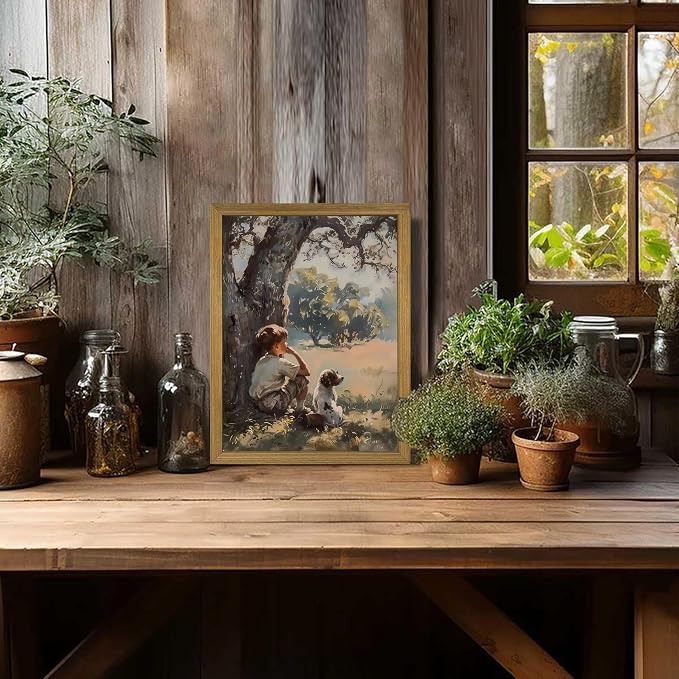 Wood Framed Canvas Wall Art, Vintage Boy and Dog Painting Poster, Countryside - Image 4