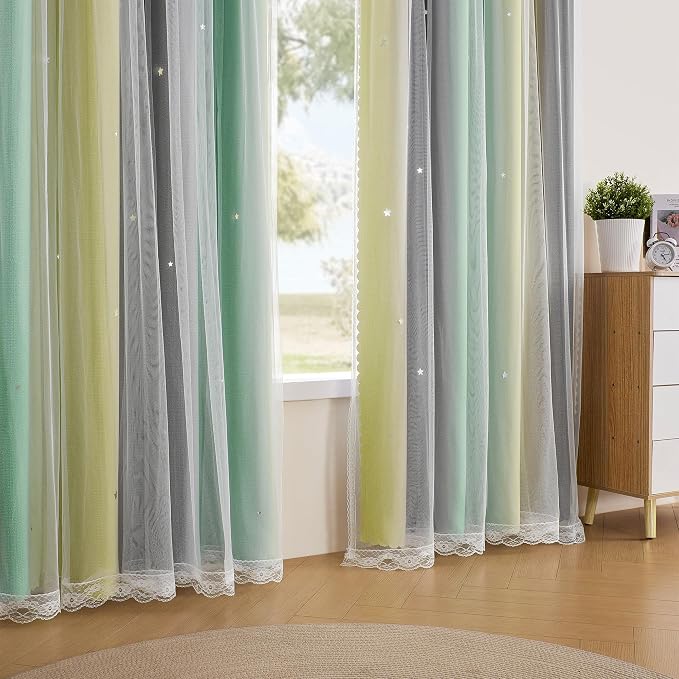 XiDi Curtains for Bedroom Decor, Rainbow GreenYellowGrey34/96/1 - Image 4