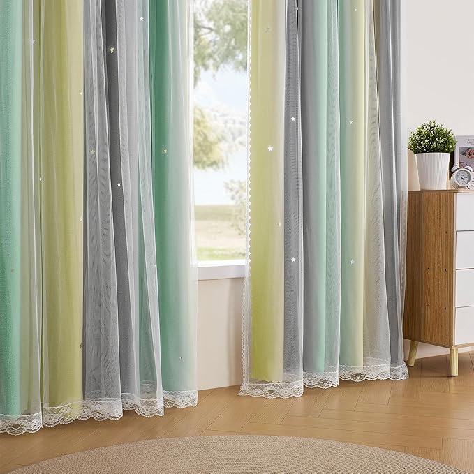 XiDi Curtains for Bedroom Decor, Rainbow GreenYellowGrey34/54/1 - Image 4