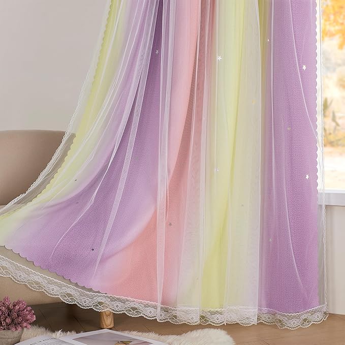 XiDi Curtains for Bedroom Decor, Rainbow Pink PurpleYellow34/54/1 - Image 4
