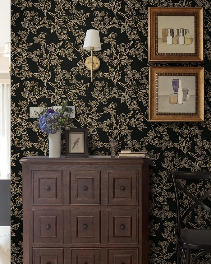 Ismoon Floral Peel and Stick Wallpaper Vintage Black and Gold Contact Paper - Image 3