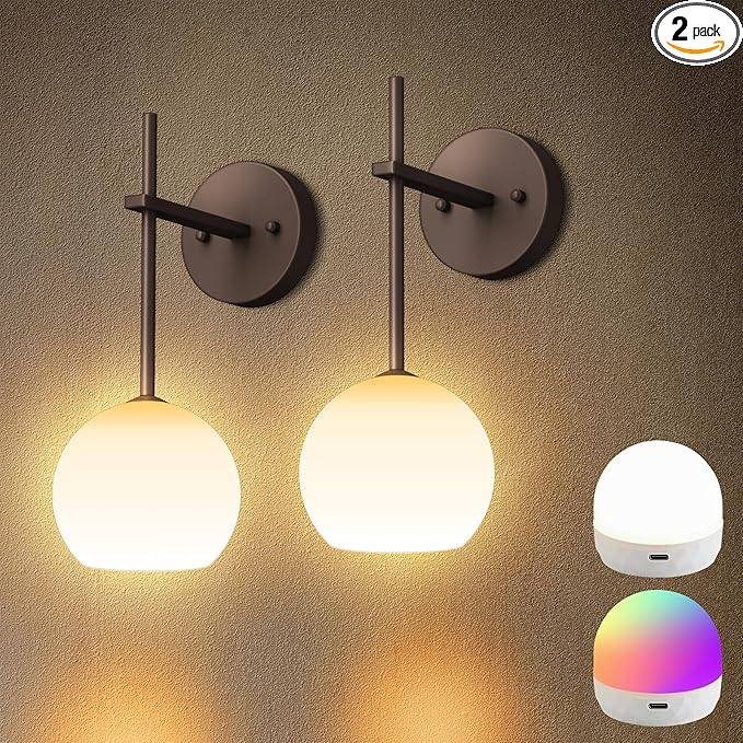 Brown Battery Operated Wall Sconces Set of 2, Rechargeable Wireless Wall Lights by KeepShinning