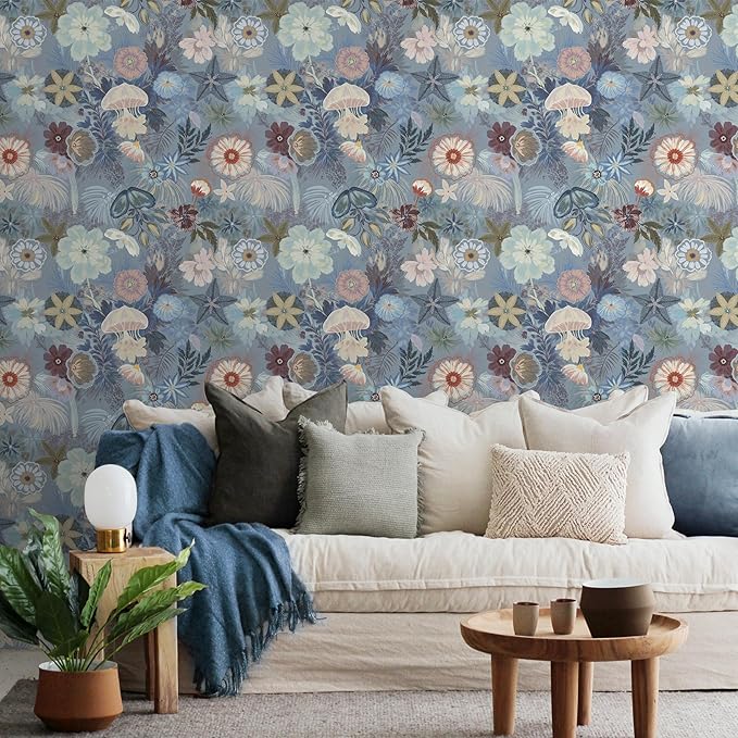 Ismoon Floral Peel and Stick Wallpaper Vintage Blue Contact Paper Jellyfish - Image 9