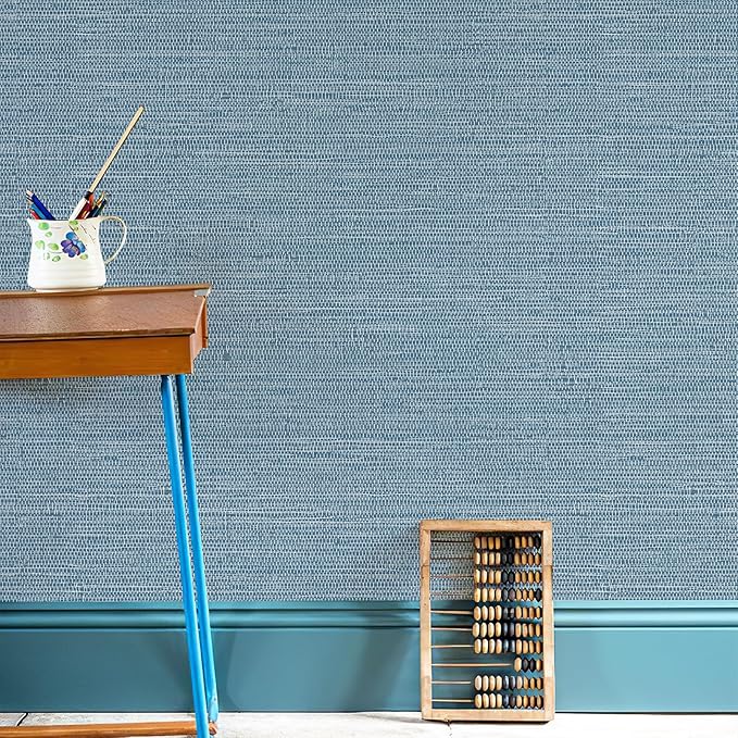 JiffDiff Grasscloth Wallpaper Peel and Stick 1181" x 17.3" Blue Cream - Image 9