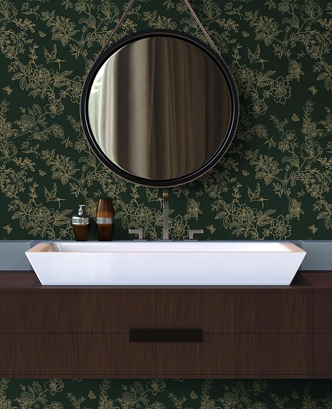 Froluya Dark Green and Gold Wallpaper Floral Peel and Stick Wallpaper - Image 4