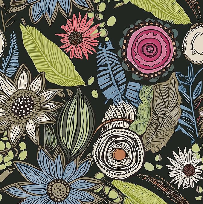 Boho Wallpaper Peel and Stick, Dark Green Vintage Floral Contact Paper by Laatse