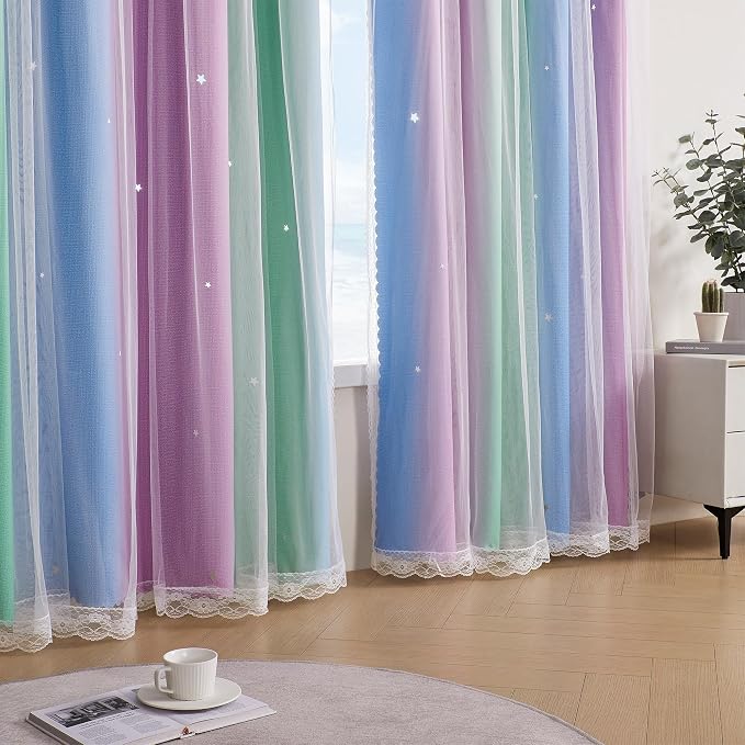 XiDi Curtains for Bedroom Decor, Rainbow Green PurpleBlue52/45/1 - Image 5