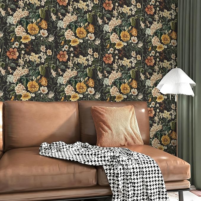 Livebor Floral Peel and Stick Wallpaper Black Floral Contact Paper 16.9"x118.1" - Image 5