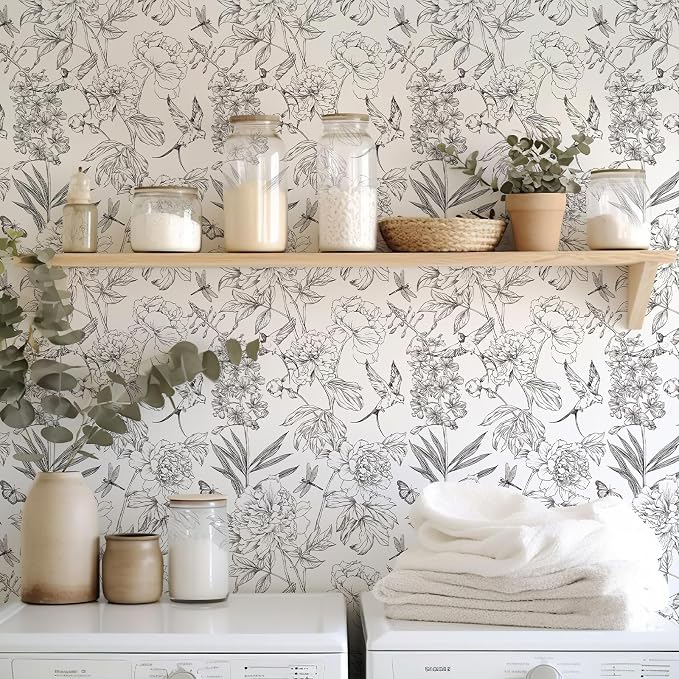 JiffDiff White and Black Wallpaper Peel and Stick Sketched Peony Floral - Image 8