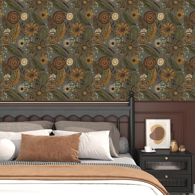 Grey Boho Wallpaper Peel and Stick, Vintage Yellow Green Floral Contact Paper - Image 2