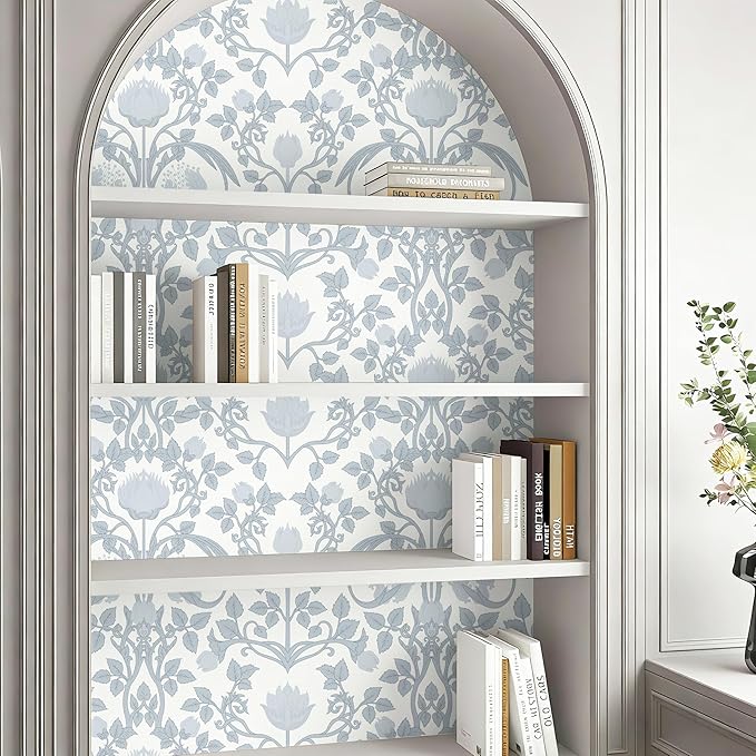 YXTII 17.3" × 393.7" Blue Floral Peel and Stick Wallpaper, Damask Vintage - Image 5