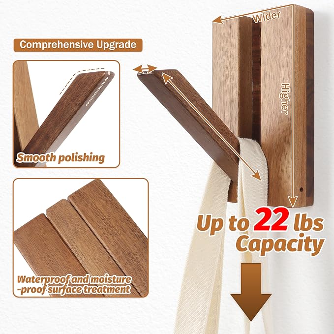 Foldable Wall Hooks 4Pack: Rustic Wooden Coat Hooks Mounted - Image 4
