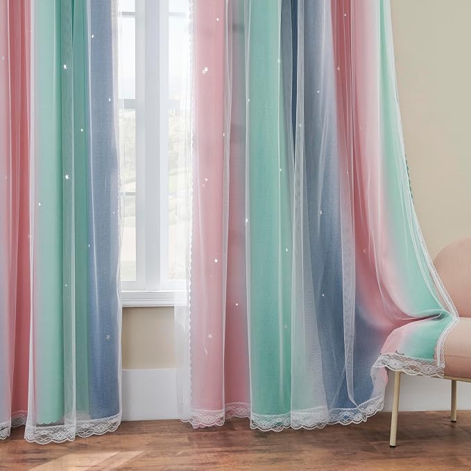 XiDi Pink Grey Curtains for Girls Bedroom, Unicorn Wall Decals Green Curtain - Image 7
