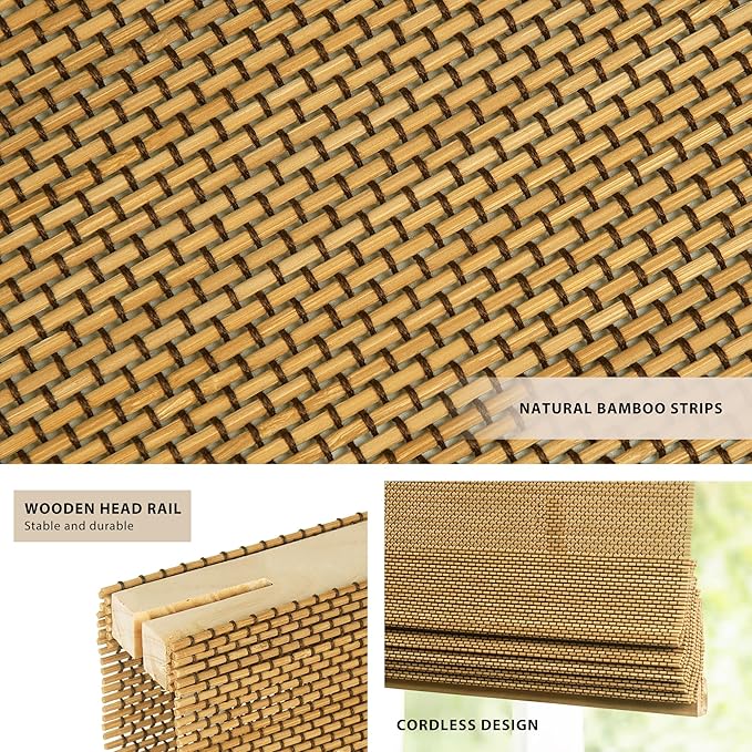 LazBlinds No Tools No Drill Cordless Bamboo Roman Shades, Custom Light - Image 2