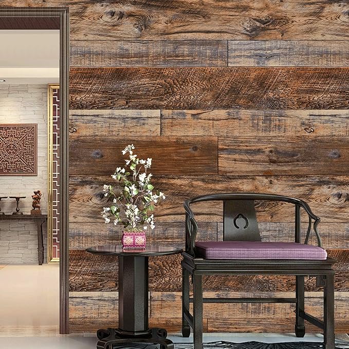 WENMER 23.6" x 78.7" Brown Wood Peel and Stick Wallpaper Shiplap Self Adhesive - Image 2