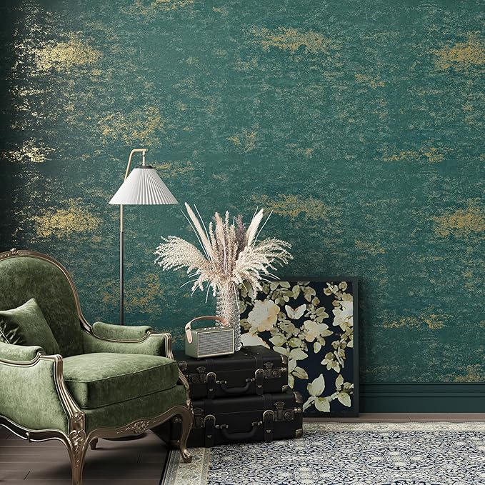 VEELIKE Distressed Teal Gold Metallic Wallpaper Peel and Stick Plaster Concrete - Image 3