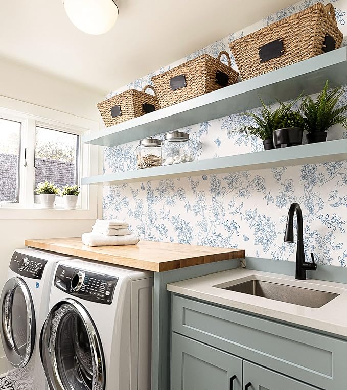 Froluya Cream White and Blue Floral Wallpaper Peel and Stick Wallpaper - Image 6