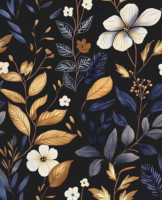 Laatse Blue/Gold Leaf Wallpaper Peel and Stick Vintage Dark Floral Wallpaper by Laatse