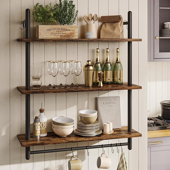 Bestier 3 Tier Industrial Pipe Shelving, Floating Book Shelves - Image 3