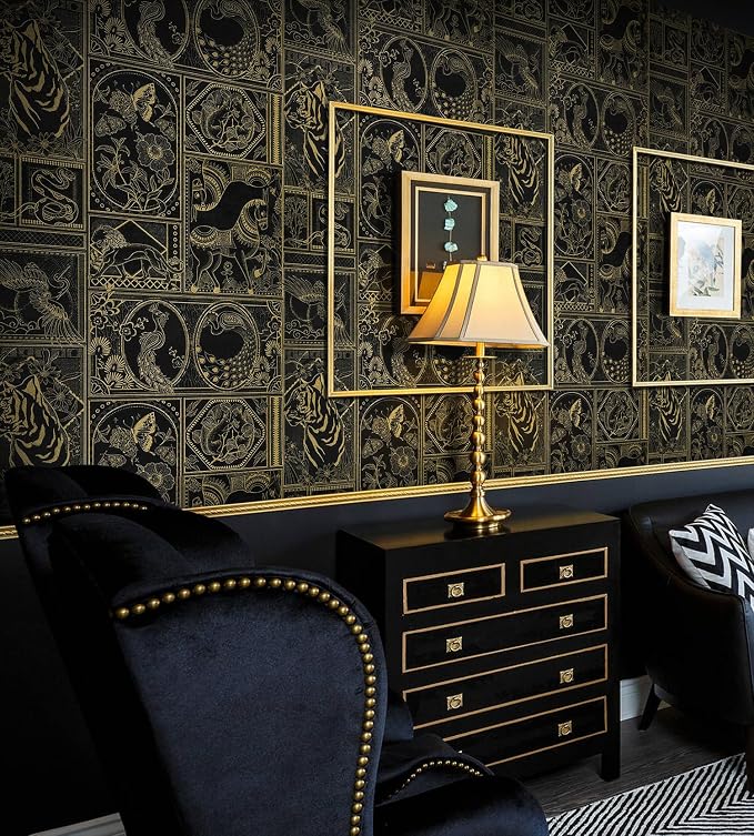 Erfoni 394"x17.7" Vintage Peel and Stick Wallpaper Black and Gold Contact Paper - Image 2