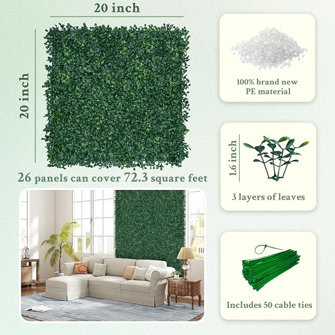 ODTORY Artificial Boxwood Wall Panels 20x20 inch 26Pcs, UV-Anti Faux Greenery - Image 2