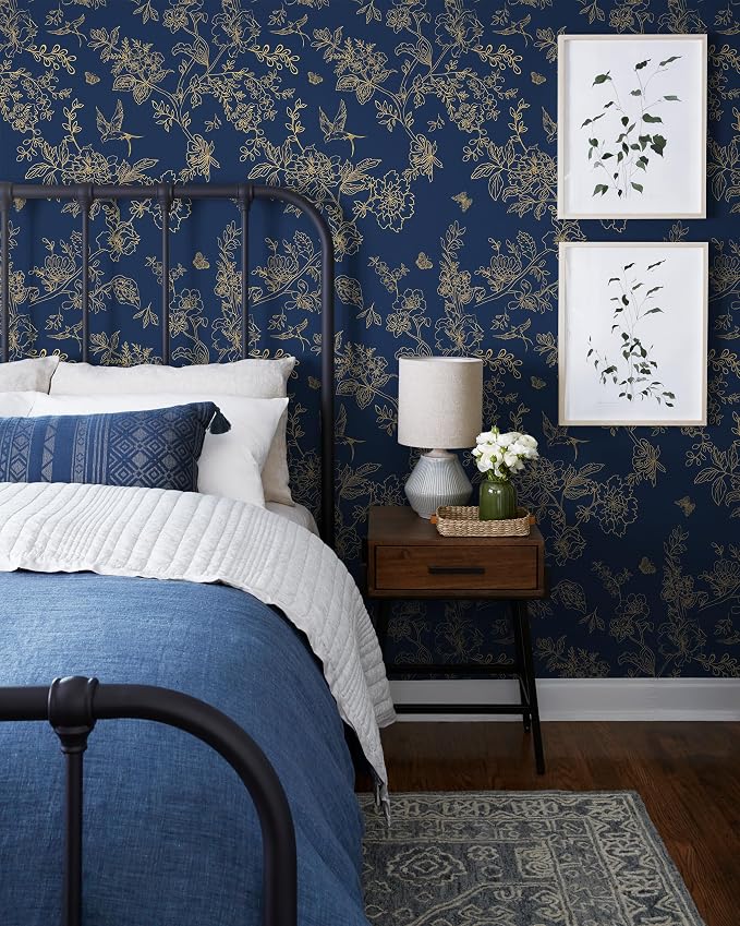 Froluya Dark Blue and Gold Vintage Floral Peel and Stick Wallpaper 17.7"x393.7" - Image 7