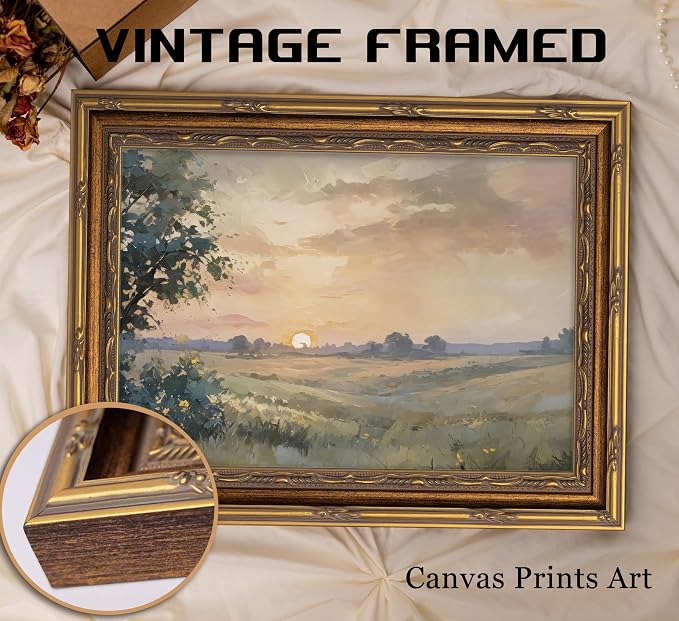 Vintage Gold Framed Wall Art Retro Fall Sunset Country Oil Painting Canvas - Image 3