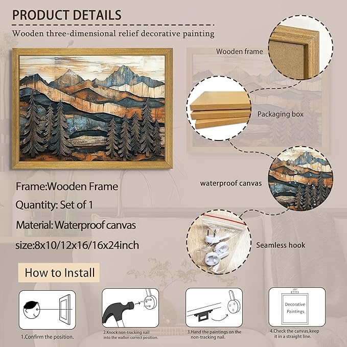 Vintage Boho Mountain Wall Art, Framed Landscape Canvas Wall Art, Nature Forest - Image 3