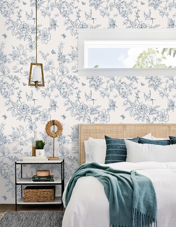 Froluya Cream White and Blue Floral Wallpaper Peel and Stick Wallpaper - Image 3