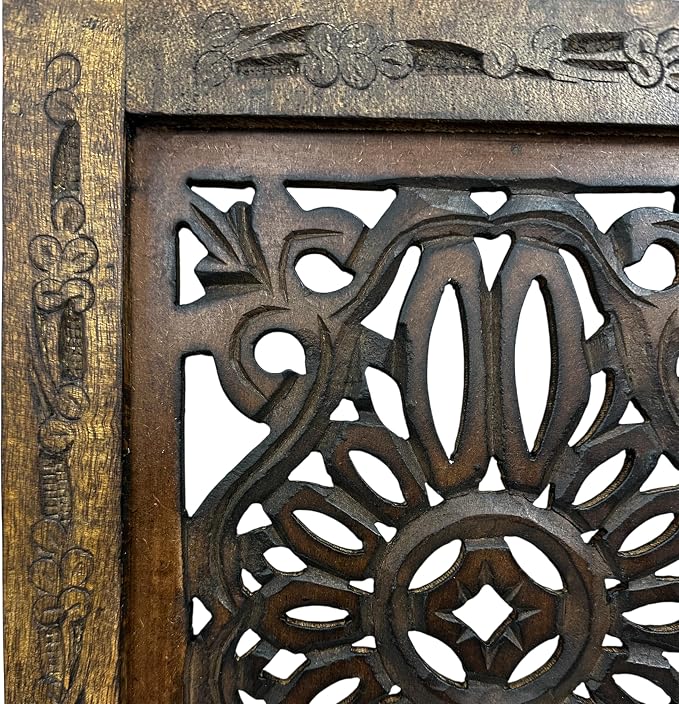 Floral Hand Carved Wooden Wall Panels Set of 2, Rustic Brown Decorative Wall Art - Image 9