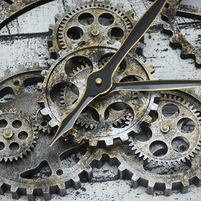 HOIBAI Vintage Industrial Wall Clock, 24 Inch, Rustic Natural Wood, Moving Gears - Image 5