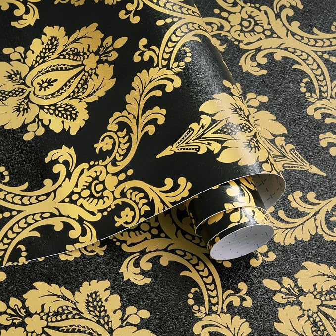 Peel and Stick Wallpaper Black and Yellow Damask Wallpaper by Micpolo