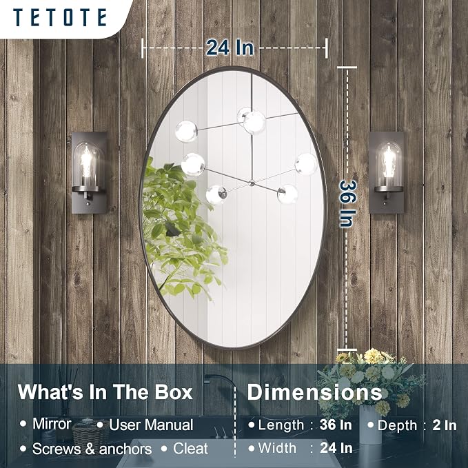 TETOTE Black Oval Bathroom Mirror, 24 x 36 Matte Black Framed Wall Mounted - Image 7