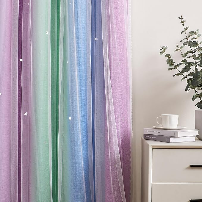 XiDi Curtains for Bedroom Decor, Rainbow Green PurpleBlue52/90/1 - Image 3