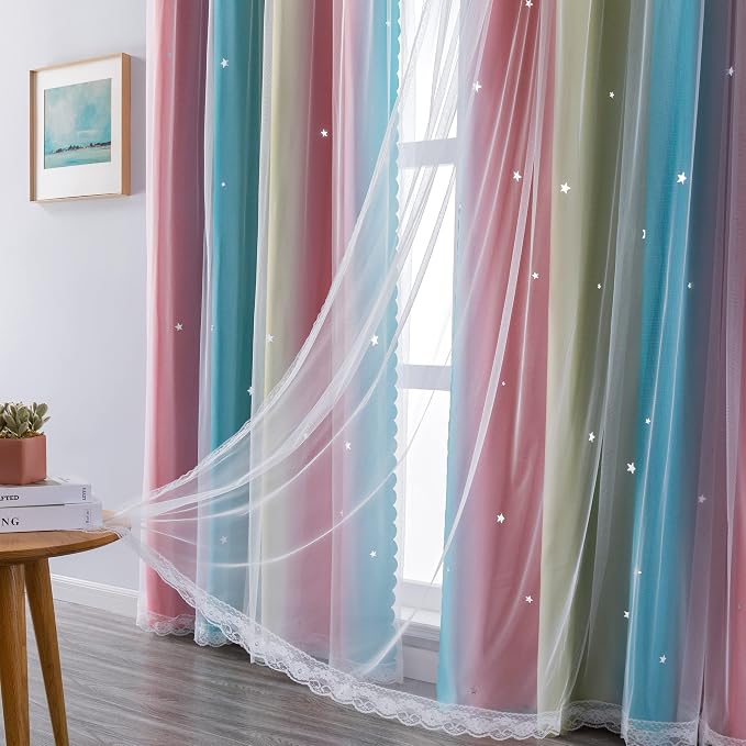 XiDi Curtains for Bedroom Decor, Rainbow Pink-Blue-34-54 - Image 5