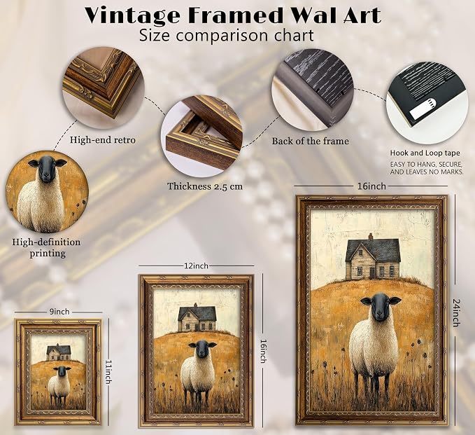 Vintage Gold Framed Wall Art Retro Country Sheep Oil Painting Canvas Prints - Image 4