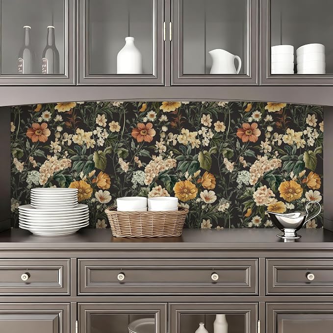 Livebor Floral Peel and Stick Wallpaper Black Floral Contact Paper 16.9"x118.1" - Image 3