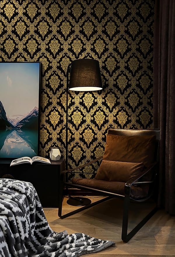 Peel and Stick Wallpaper Black and Yellow Damask Wallpaper - Image 5