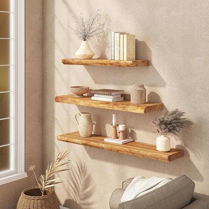 Floating Shelves Set of 2, Solid Elm Wood Wall Shelves 32 Inch - Image 4
