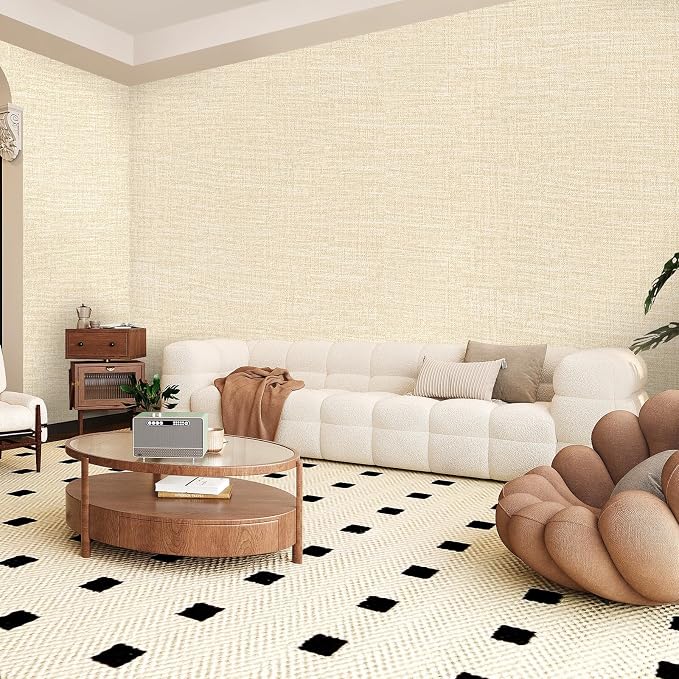 Amiya Grasscloth Cream Wallpaper 17.3"x120" Peel and Stick Beige Faux Fabric - Image 8