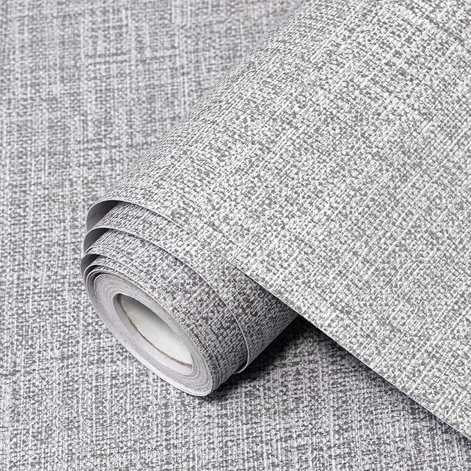Grey Grasscloth Peel and Stick Wallpaper 17.3"x300" Faux Linen Textured Contact by Uooar