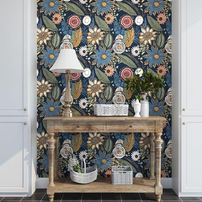 Blue Boho Wallpaper Peel and Stick, Vintage Floral Contact Paper 17.5" x 393.7" - Image 5