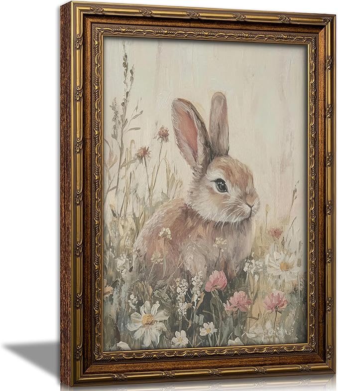 Vintage Gold Framed Easter Bunny Wall Art Spring Rabbit and Wildflowers by DQUCWDKVintagegoldframedwallart