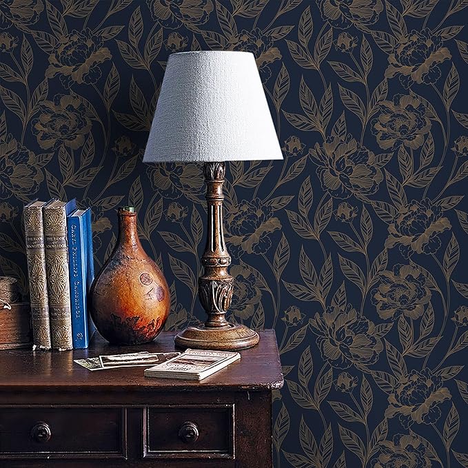 Timeet Peel and Stick Wallpaper Gold and Blue Floral Wall Paper - Image 2