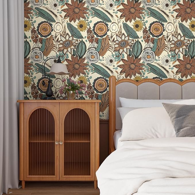 Boho Wallpaper Peel and Stick, Retro Floral Contact Paper 17.5" x 393.7" - Image 6